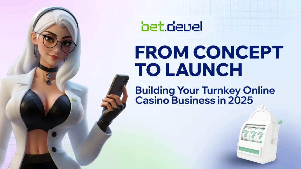 Bet.Devel banner featuring a female character with smartphone and slot machine, promoting turnkey online casino business development in 2025.