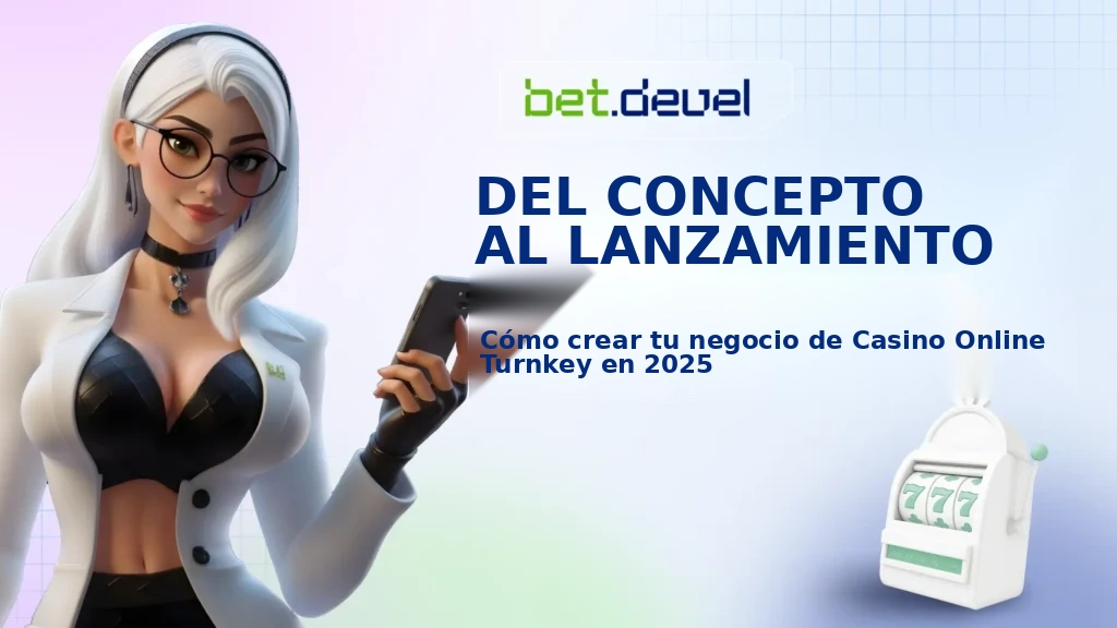 Banner de Bet.Devel con una figura femenina sosteniendo un smartphone y una máquina tragamonedas, promocionando el desarrollo de negocios de casinos online llave en mano en 2025.