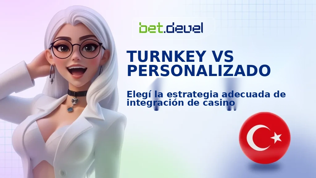 Experta femenina en 3D con cabello blanco junto a la bandera de Turquía, promocionando la guía de BetDevel sobre estrategias de integración de casinos Turnkey vs. Custom.