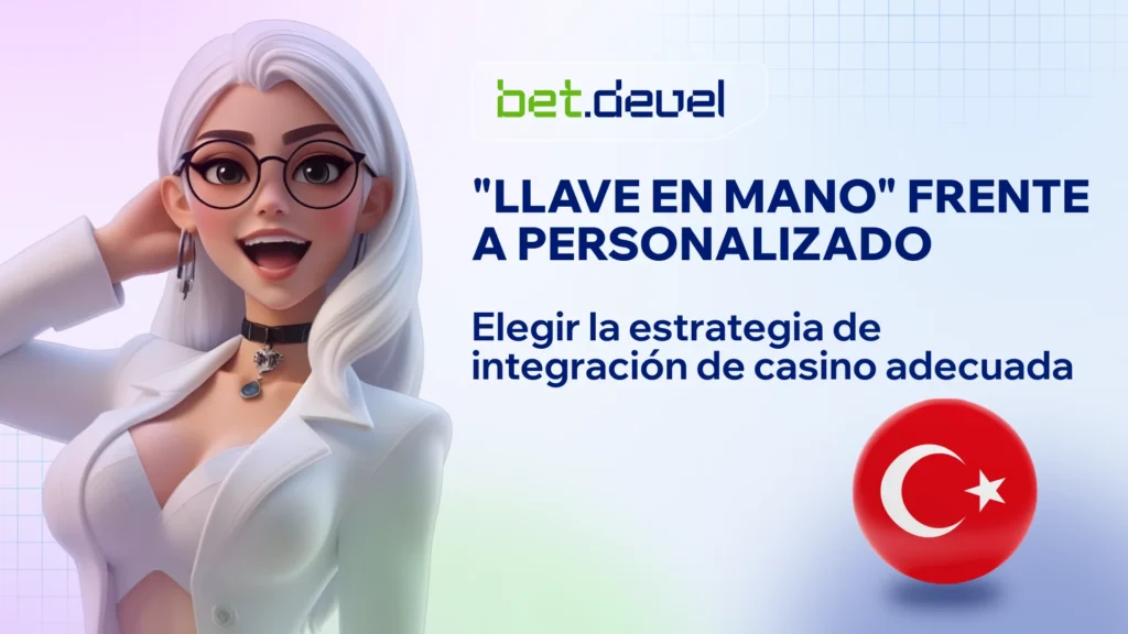 Experta femenina en 3D con cabello blanco junto a la bandera de Turquía, promocionando la guía de BetDevel sobre estrategias de integración de casinos Turnkey vs. Custom.
